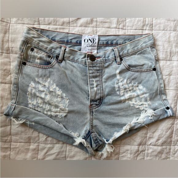 RARE Revolve X One Teaspoon Light Wash Hawks Cheetah Distressed Denim Shorts -30 - Picture 1 of 12